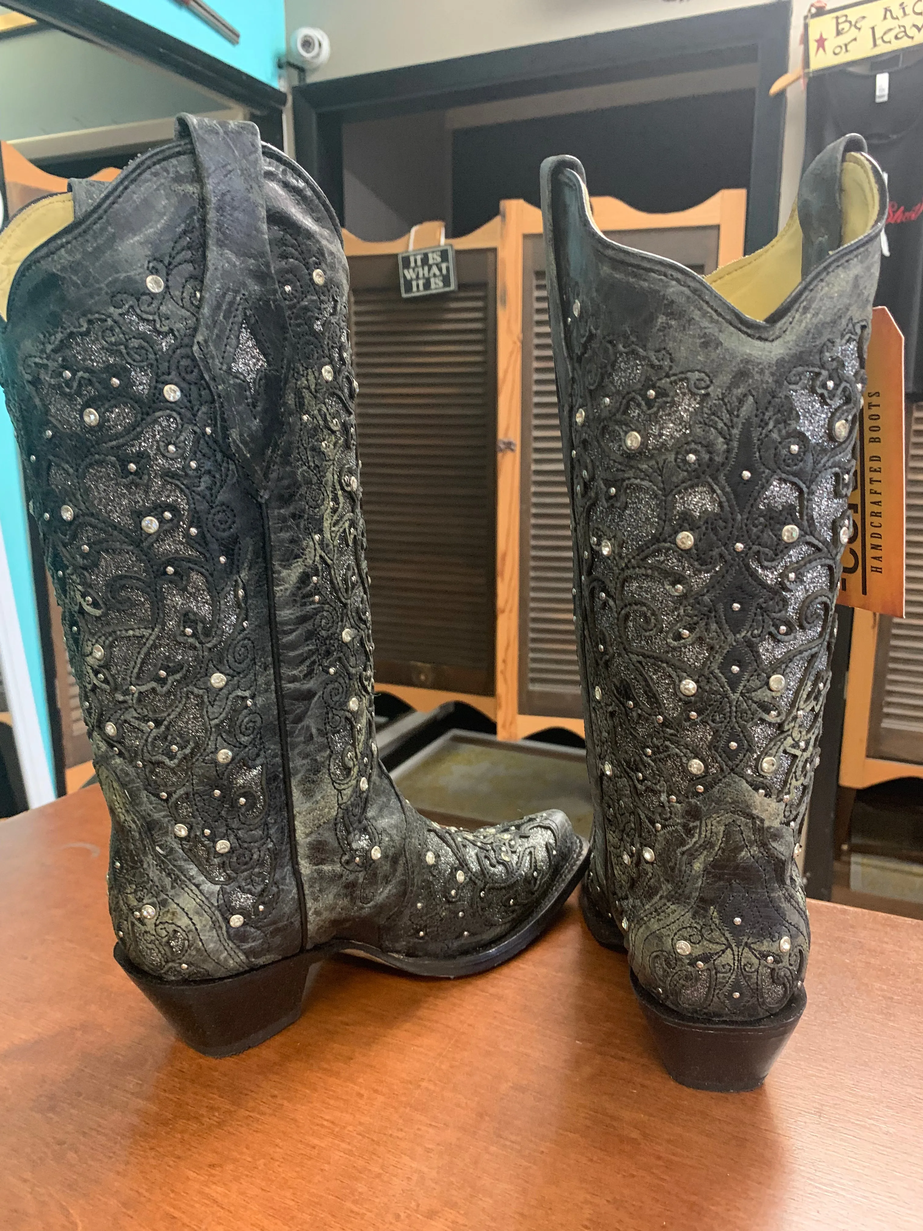 CORRAL LADIES GREY GLITTER INLAY/CRYSTALS SNIPED TOE BOOT STYLE A3672