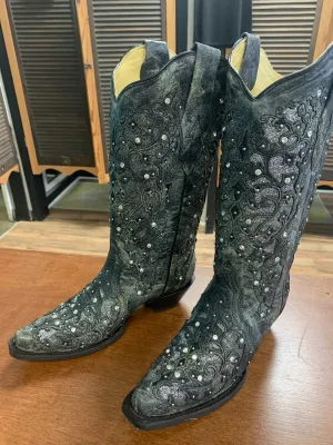 CORRAL LADIES GREY GLITTER INLAY/CRYSTALS SNIPED TOE BOOT STYLE A3672