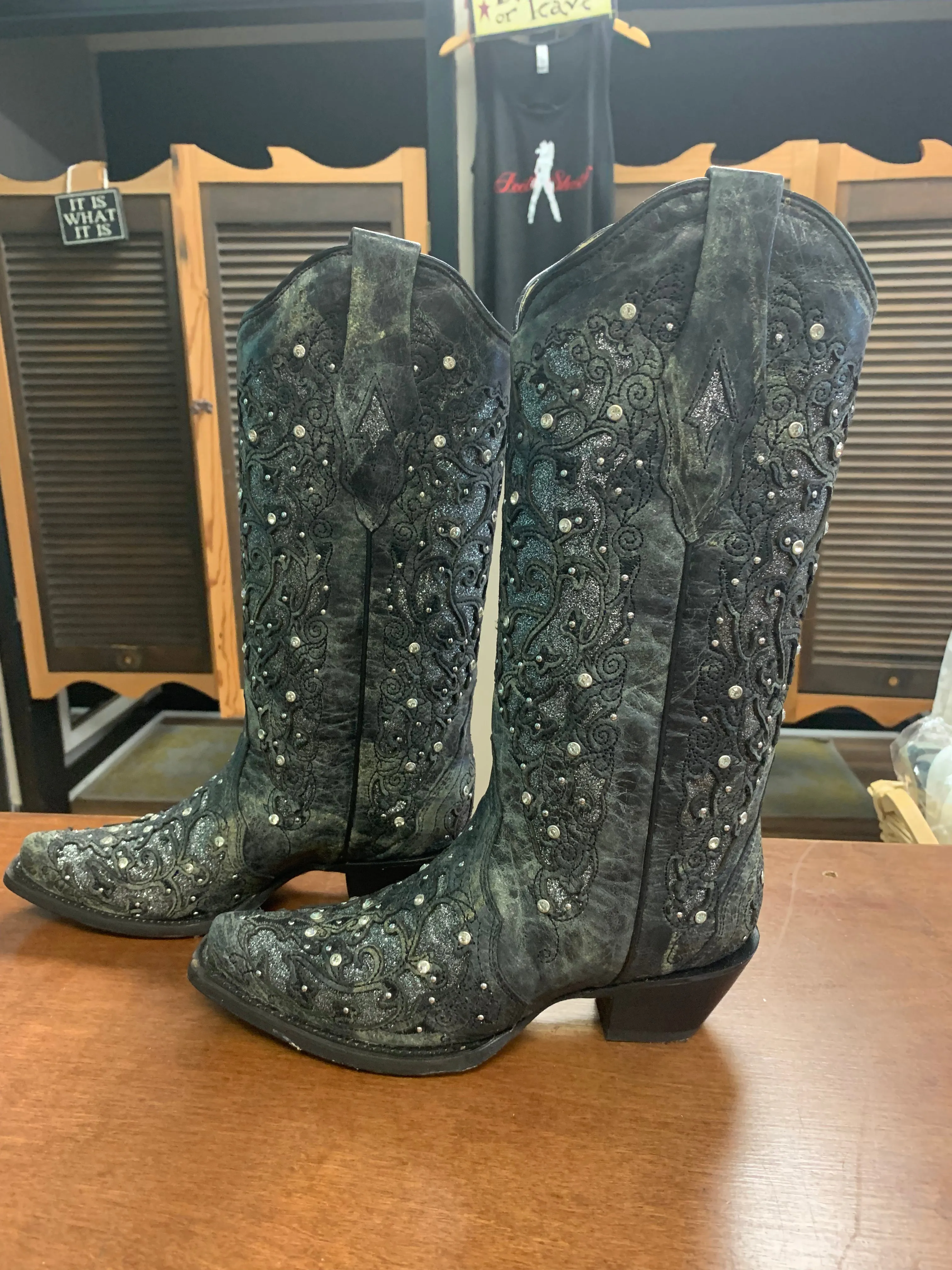 CORRAL LADIES GREY GLITTER INLAY/CRYSTALS SNIPED TOE BOOT STYLE A3672