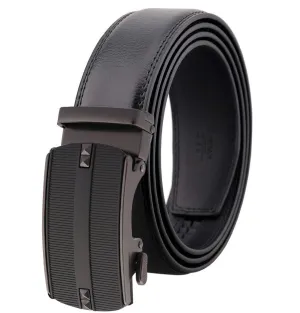 Cowskin Mens Black Adjustable Ratchet Slide Buckle Belt - Genuine Leather Automatic Belt with No