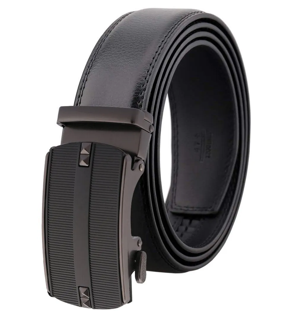 Cowskin Mens Black Adjustable Ratchet Slide Buckle Belt - Genuine Leather Automatic Belt with No