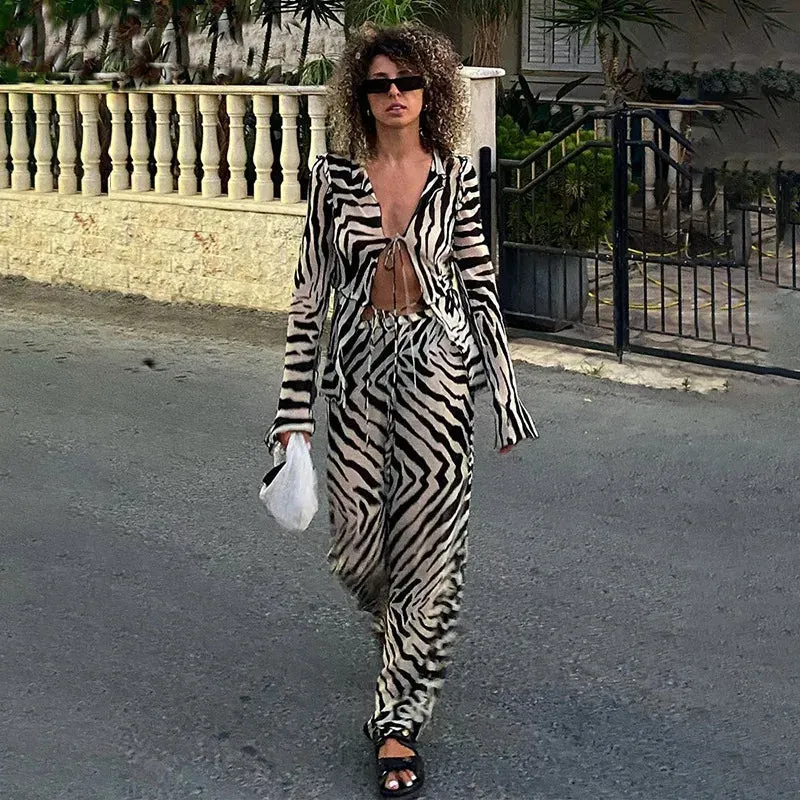 Cryptographic Animal Print Mesh Sheer Stripe Tie Front Detail Top