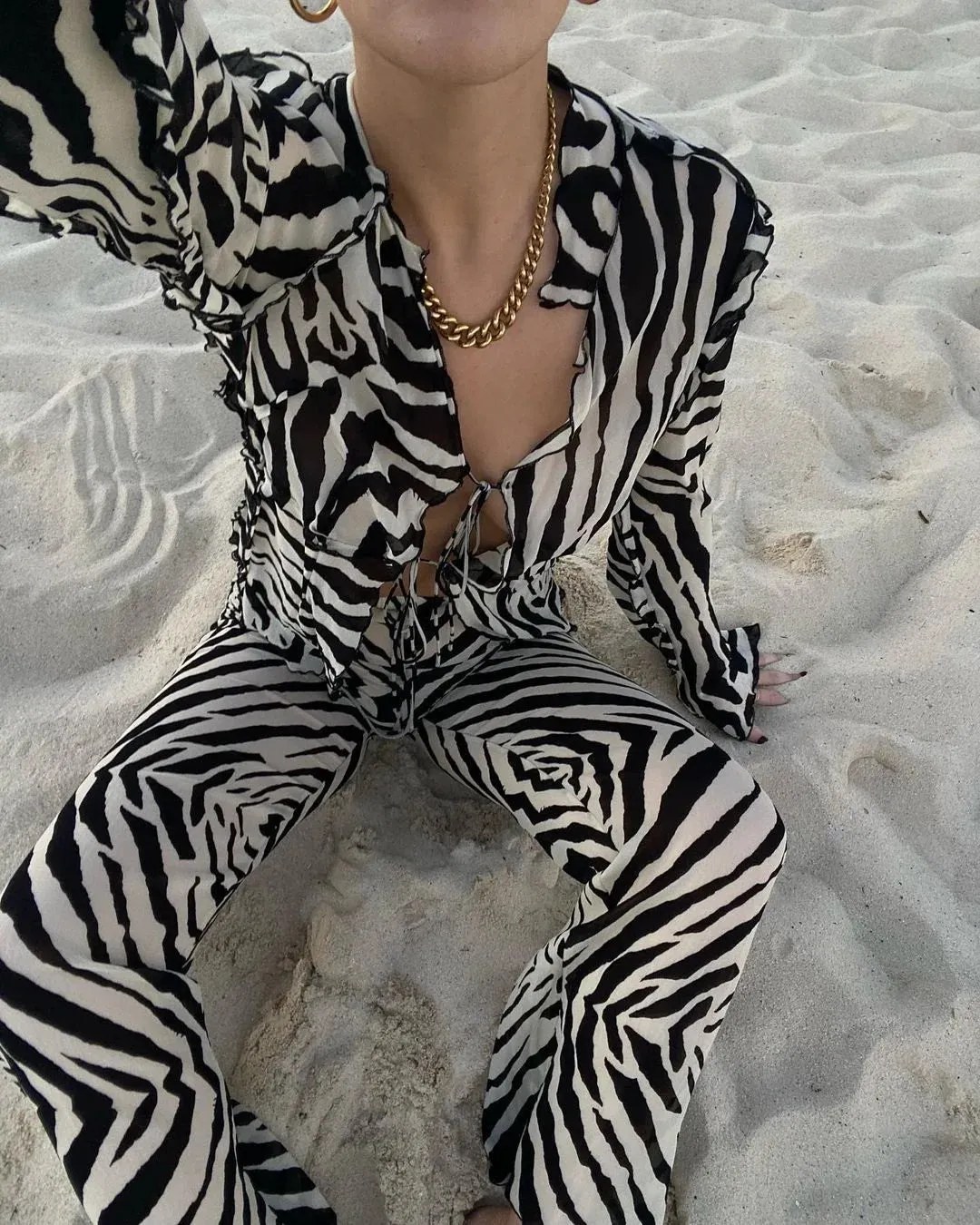 Cryptographic Animal Print Mesh Sheer Stripe Tie Front Detail Top