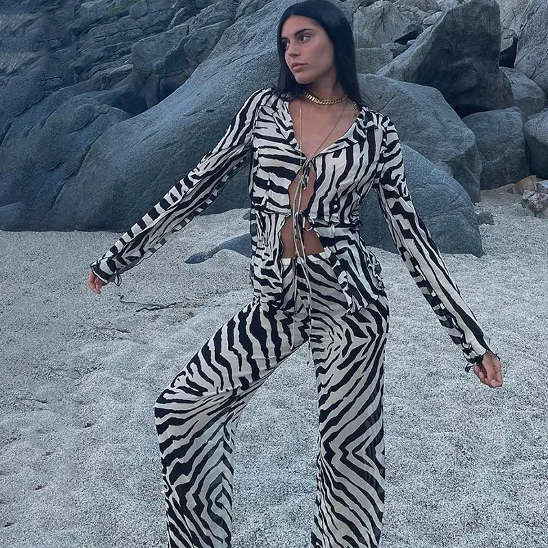 Cryptographic Animal Print Mesh Sheer Stripe Tie Front Detail Top