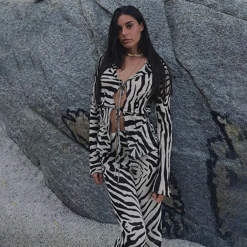 Cryptographic Animal Print Mesh Sheer Stripe Tie Front Detail Top