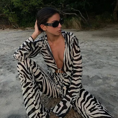 Cryptographic Animal Print Mesh Sheer Stripe Tie Front Detail Top