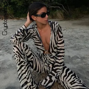 Cryptographic Animal Print Mesh Sheer Stripe Tie Front Detail Top