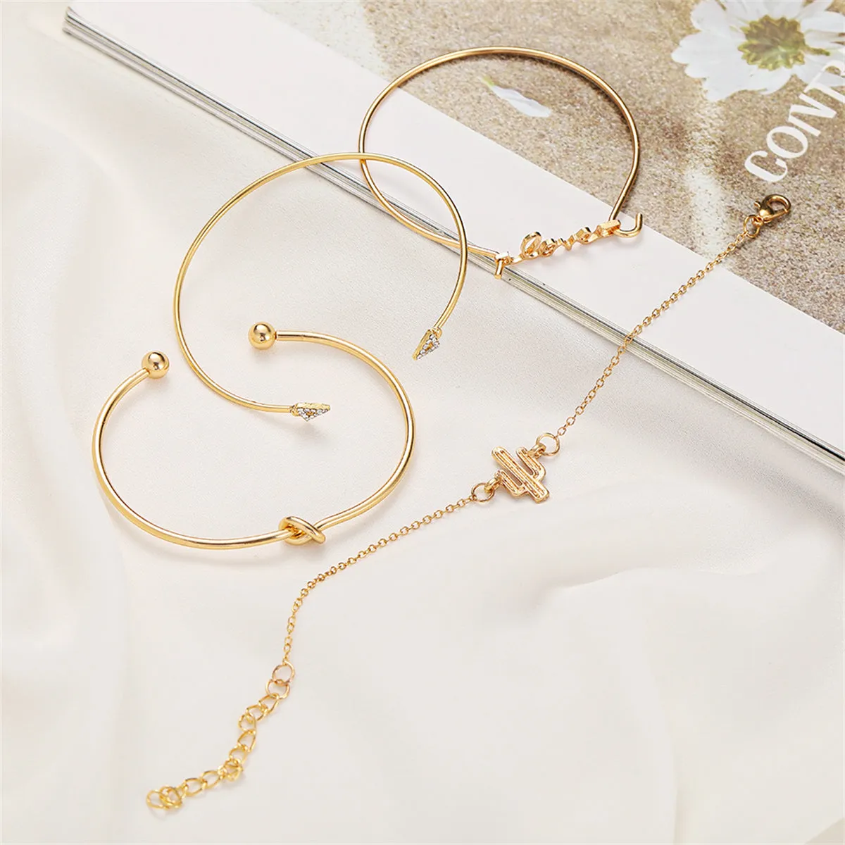 Cubic Zirconia & 18K Gold-Plated 'LOVE' Cactus Charm Cuff Bracelet Set