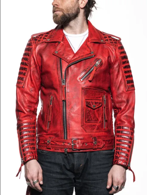 Custom Order To Make  Men's Burnished Red Motorcycle Leather Jacket