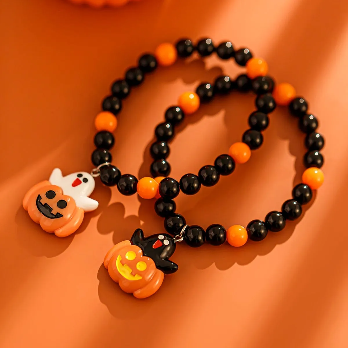 Cute Halloween Pumpkin Ghost Charm Crystal Beaded Bracelet Set