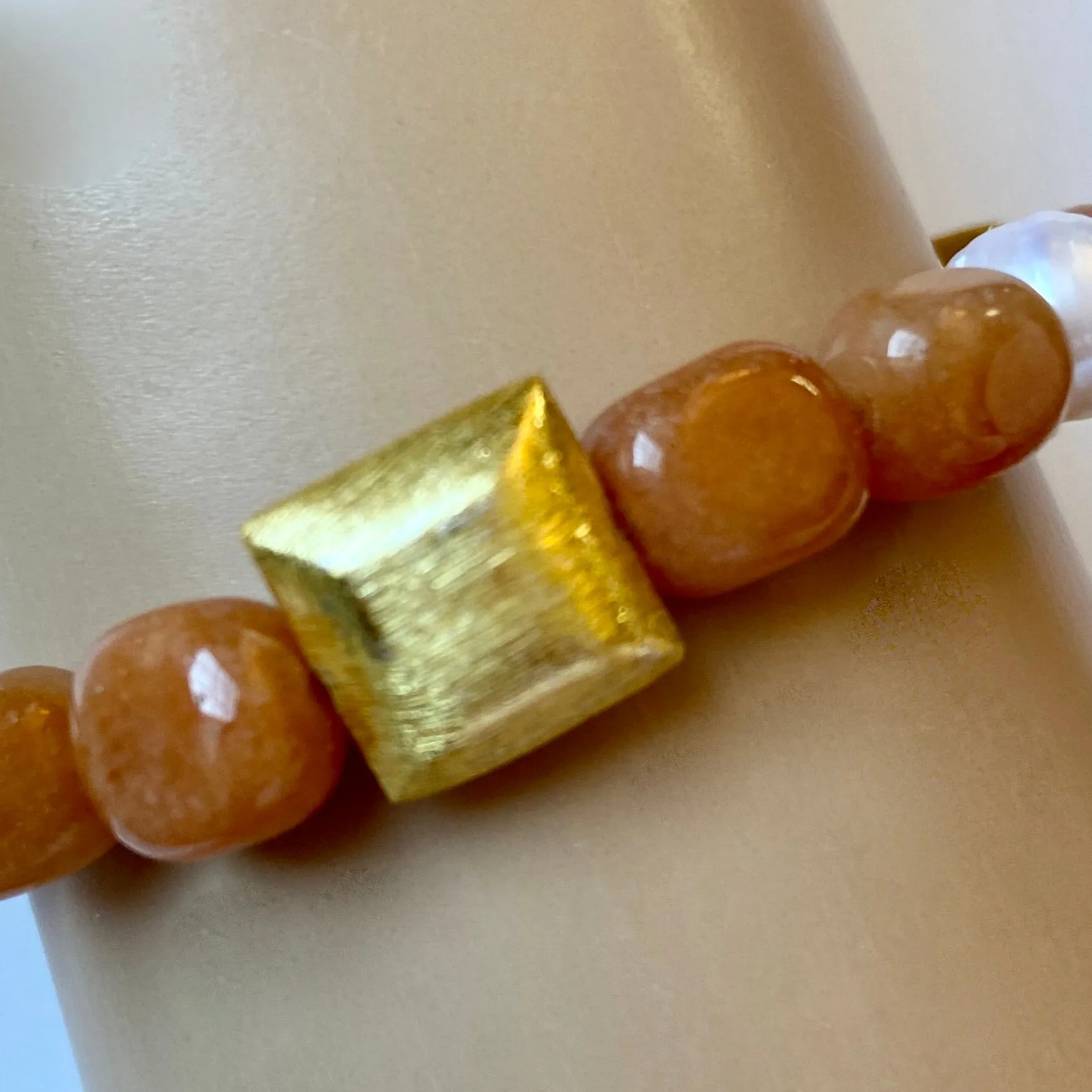 Dainty Light Orange Aventurine, Freshwater Pearl Gemstones Gold Vermeil Bracelet