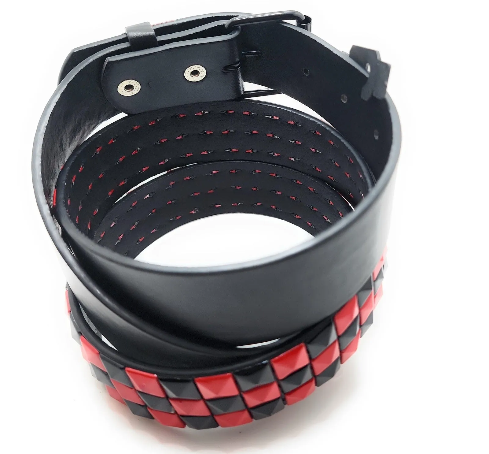 Deep Red & Black Checkered Pyramid Studded Belt Punk