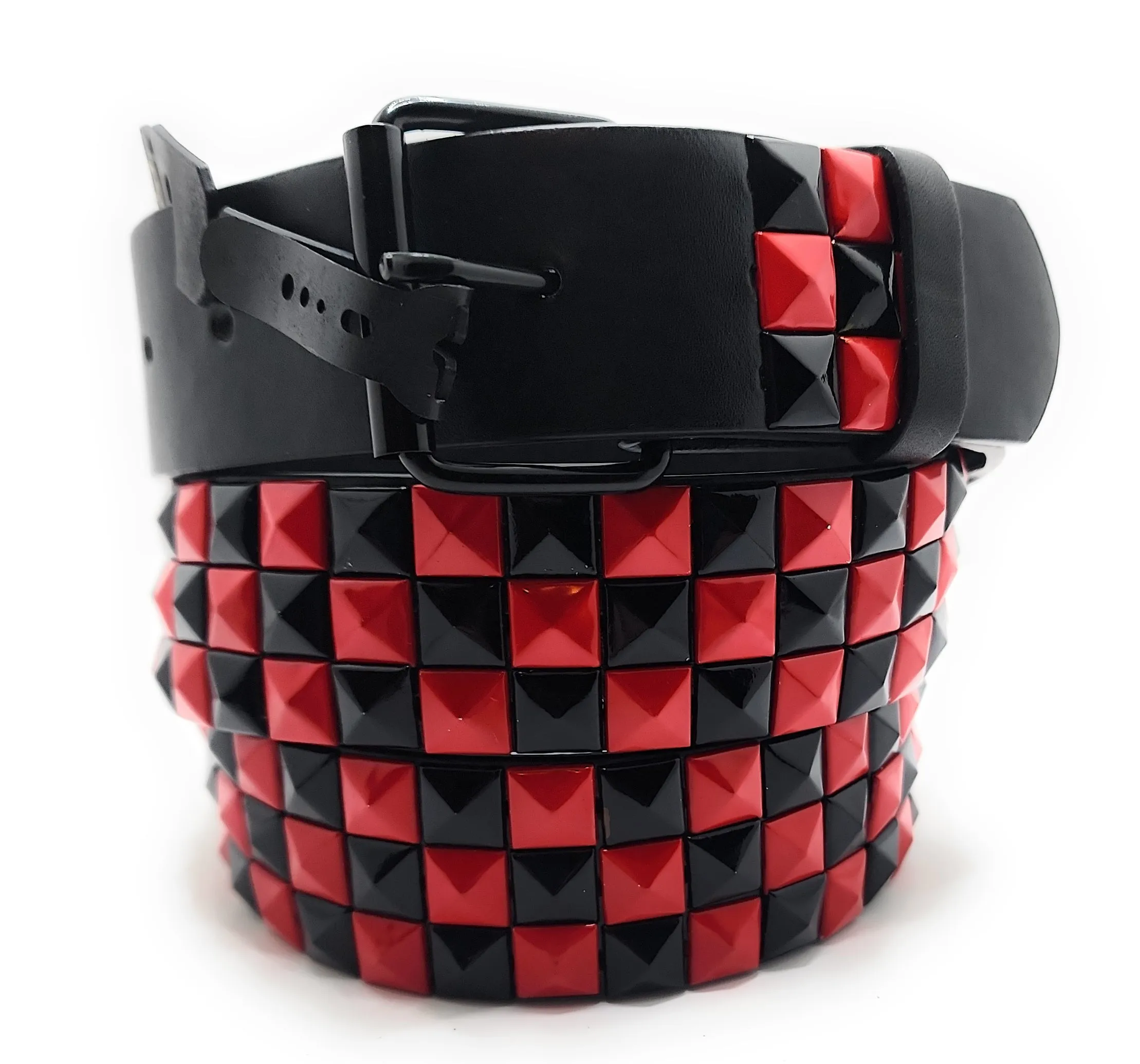 Deep Red & Black Checkered Pyramid Studded Belt Punk