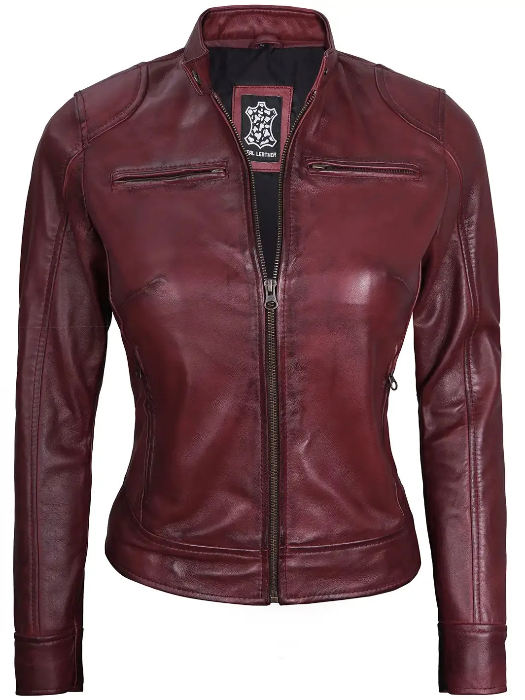 Dodge Womens Maroon Cafe Racer Leather Jacket
