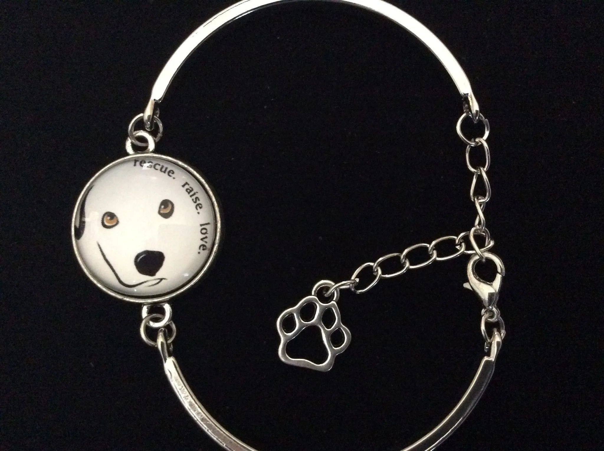 Dog Rescue Raise Love Glass Domed Charm on a Silver Adjustable Cuff Bracelet Trendy Bangle Gift Meaningful Animal