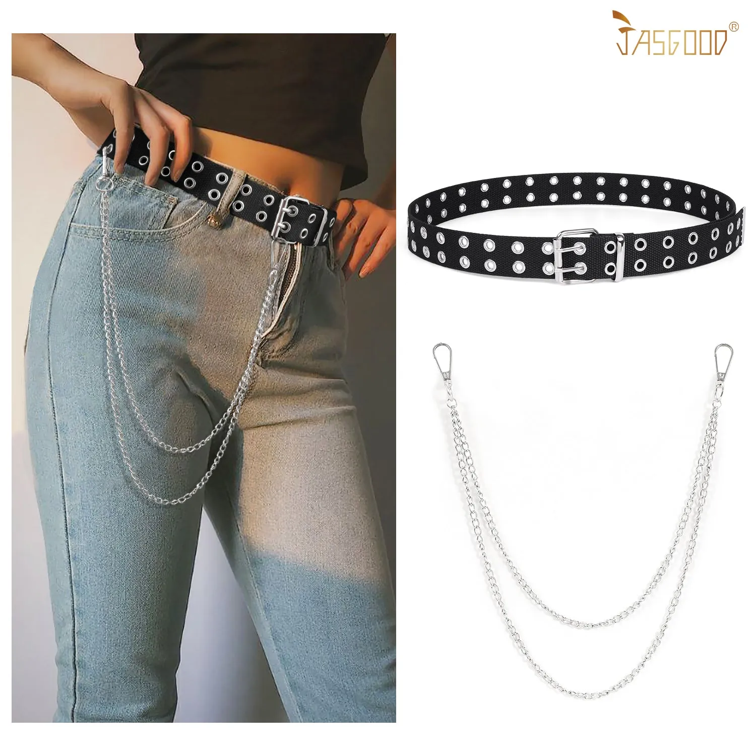 Double Grommet Belt PU Leather Punk Belt for Women Men Jeans 2 Hole Belts 1.5 Wide