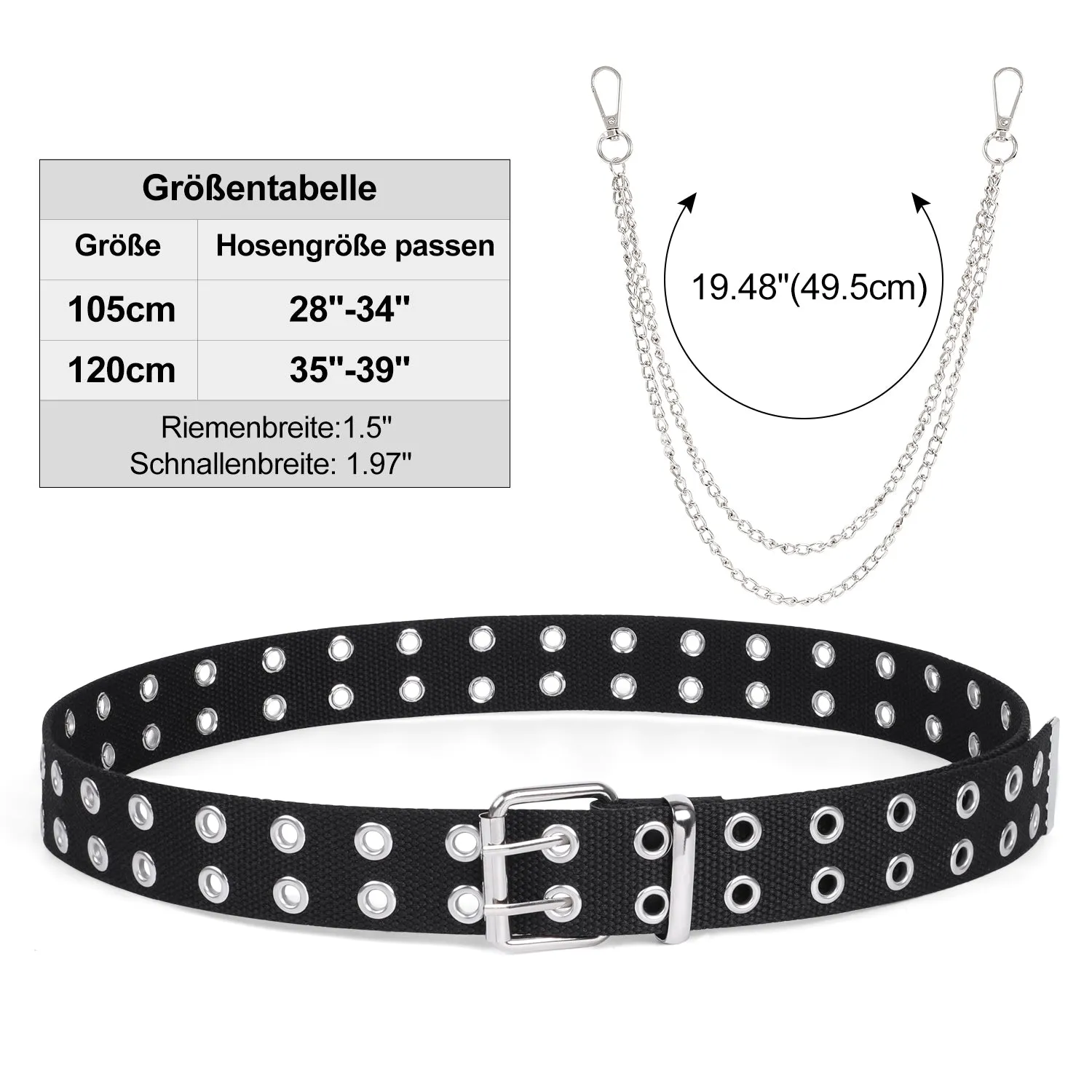 Double Grommet Belt PU Leather Punk Belt for Women Men Jeans 2 Hole Belts 1.5 Wide
