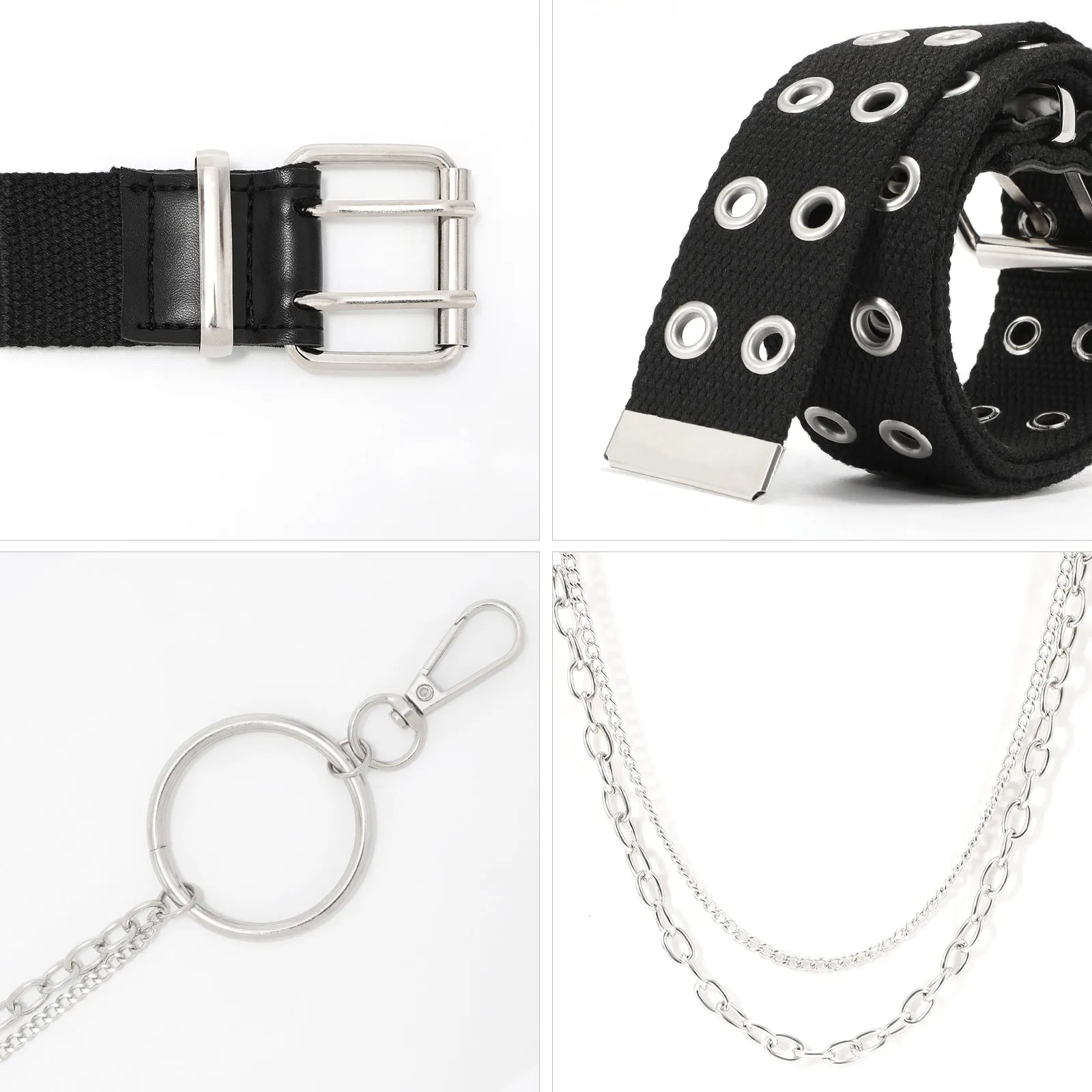 Double Grommet Belt PU Leather Punk Belt for Women Men Jeans 2 Hole Belts 1.5 Wide