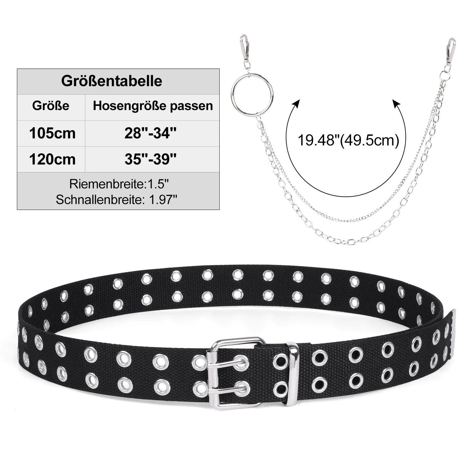 Double Grommet Belt PU Leather Punk Belt for Women Men Jeans 2 Hole Belts 1.5 Wide