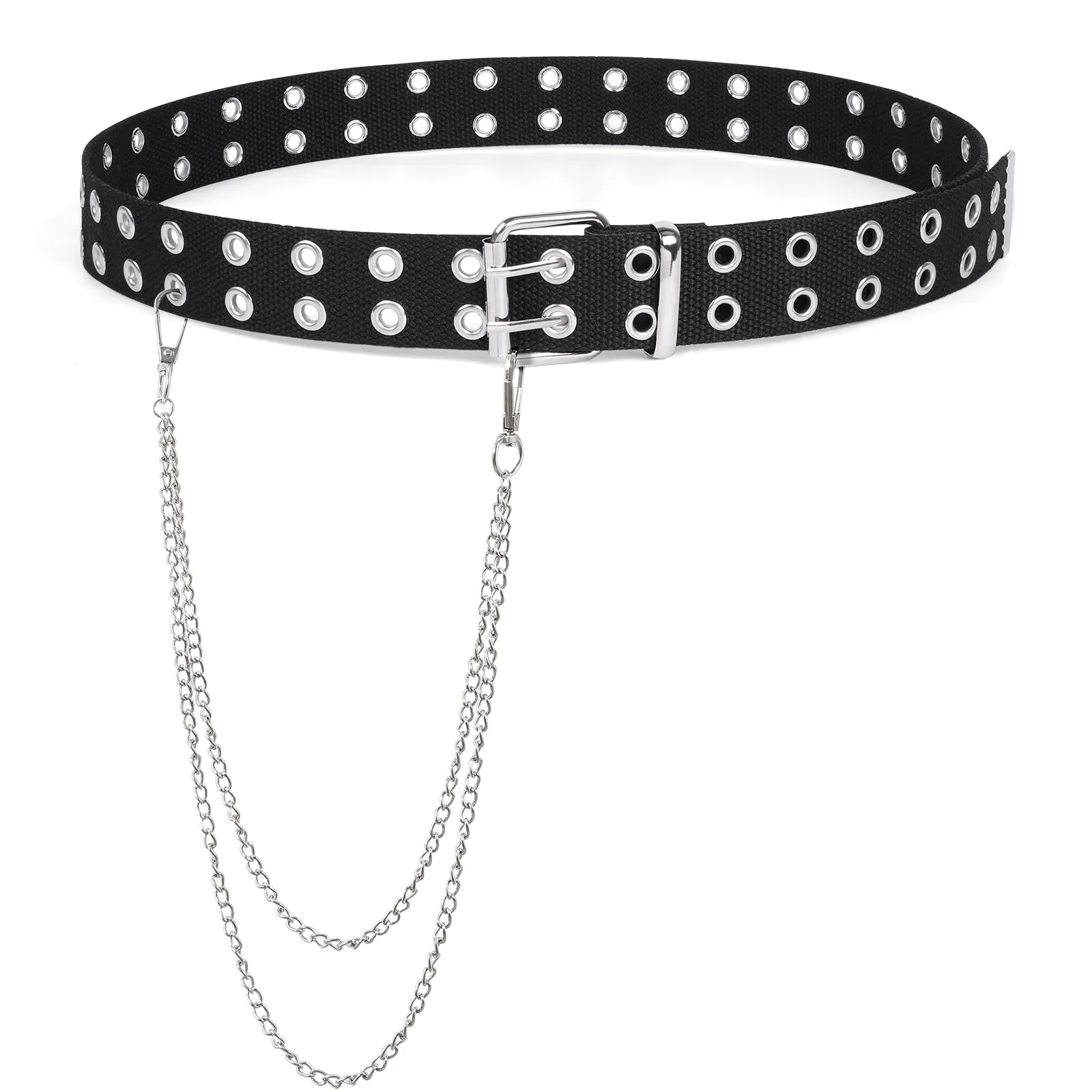Double Grommet Belt PU Leather Punk Belt for Women Men Jeans 2 Hole Belts 1.5 Wide