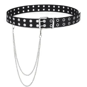 Double Grommet Belt PU Leather Punk Belt for Women Men Jeans 2 Hole Belts 1.5 Wide