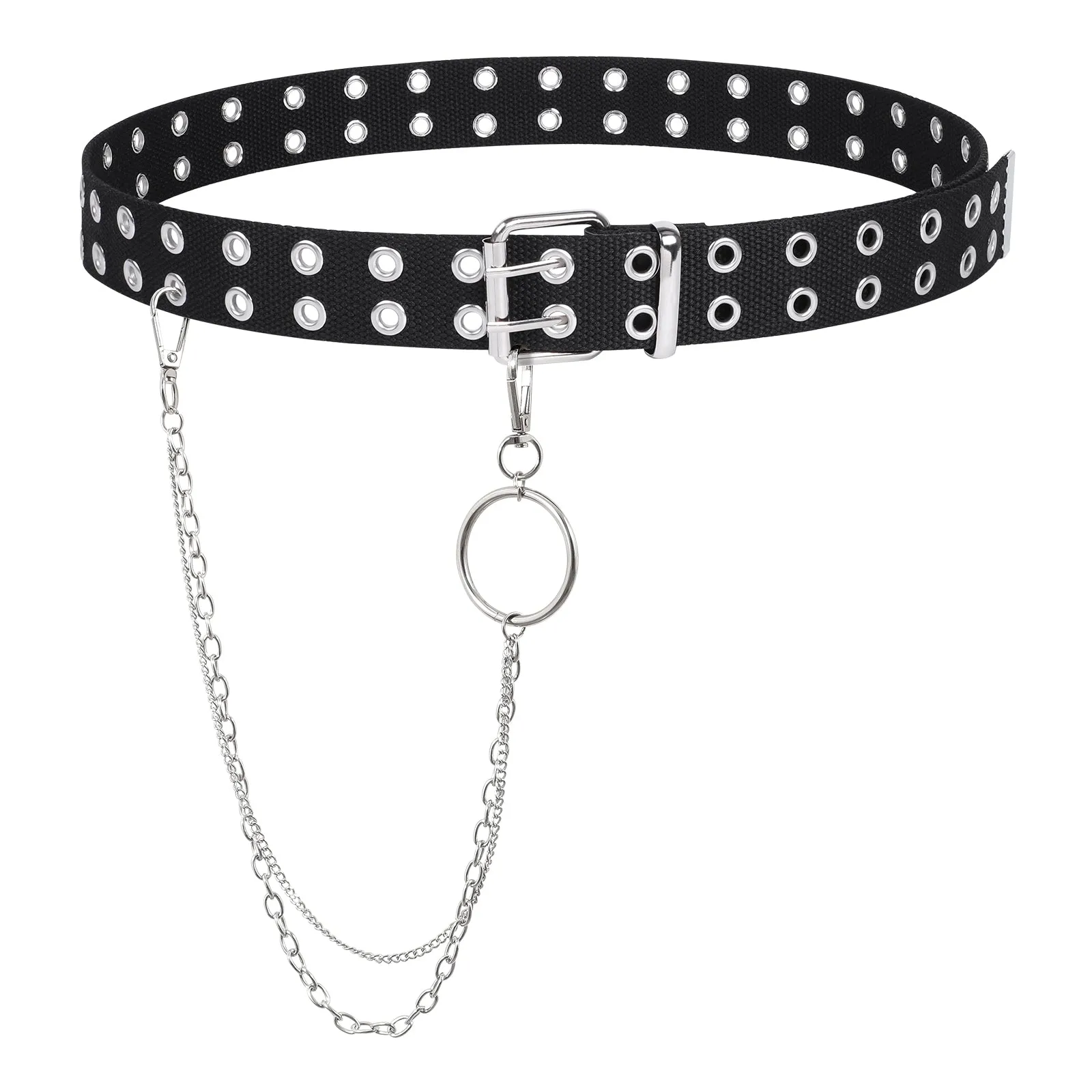 Double Grommet Belt PU Leather Punk Belt for Women Men Jeans 2 Hole Belts 1.5 Wide
