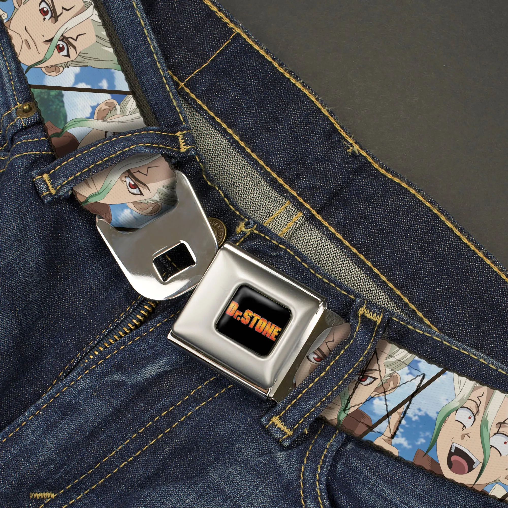 DR. STONE Title Logo Full Color Black/Orange Seatbelt Belt - Dr. Stone Senku Ishigami Expression Blocks Blues Webbing