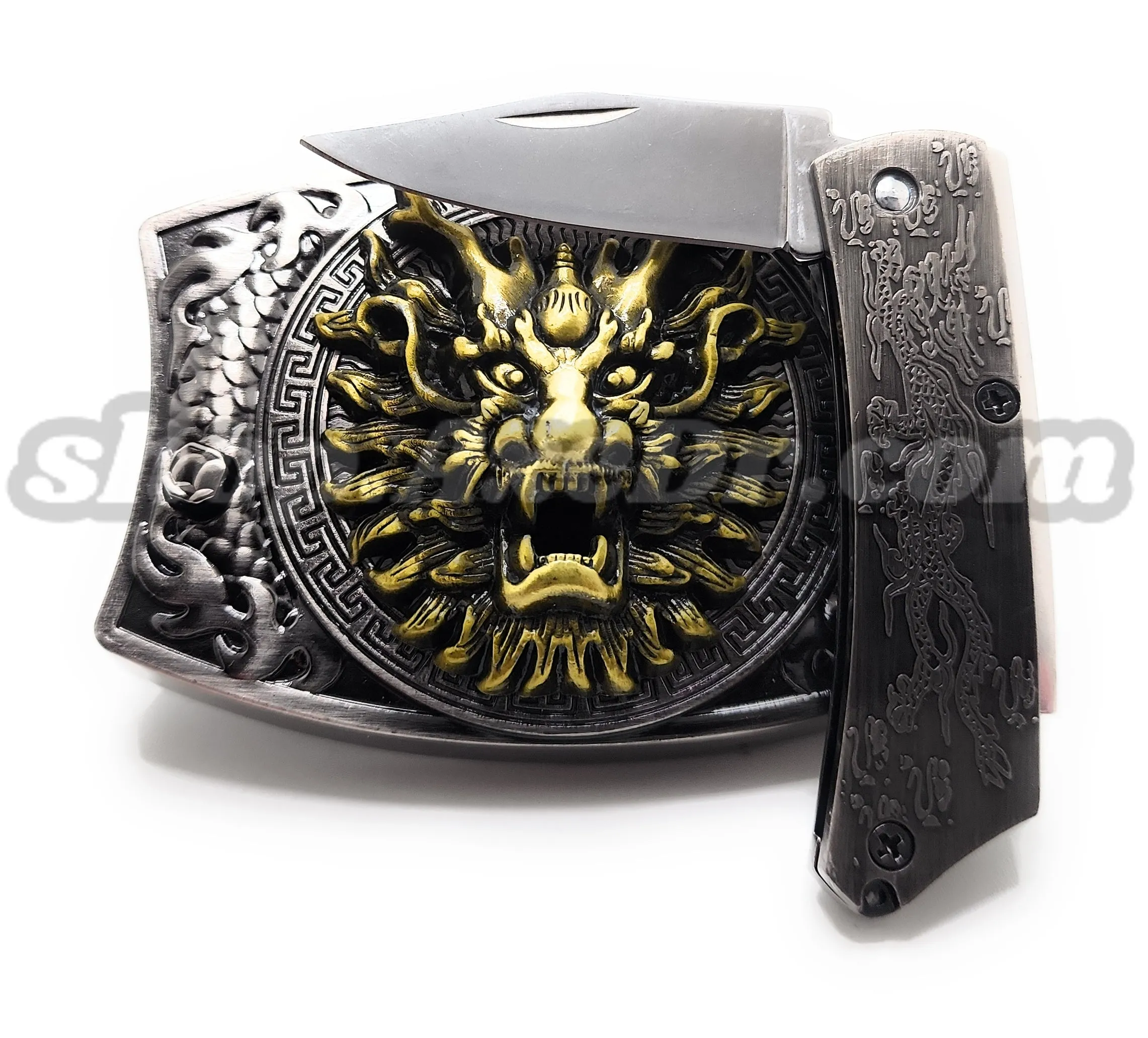 Dragon Fire Breath Folding Knife Belt Buckle Push-Button-Release