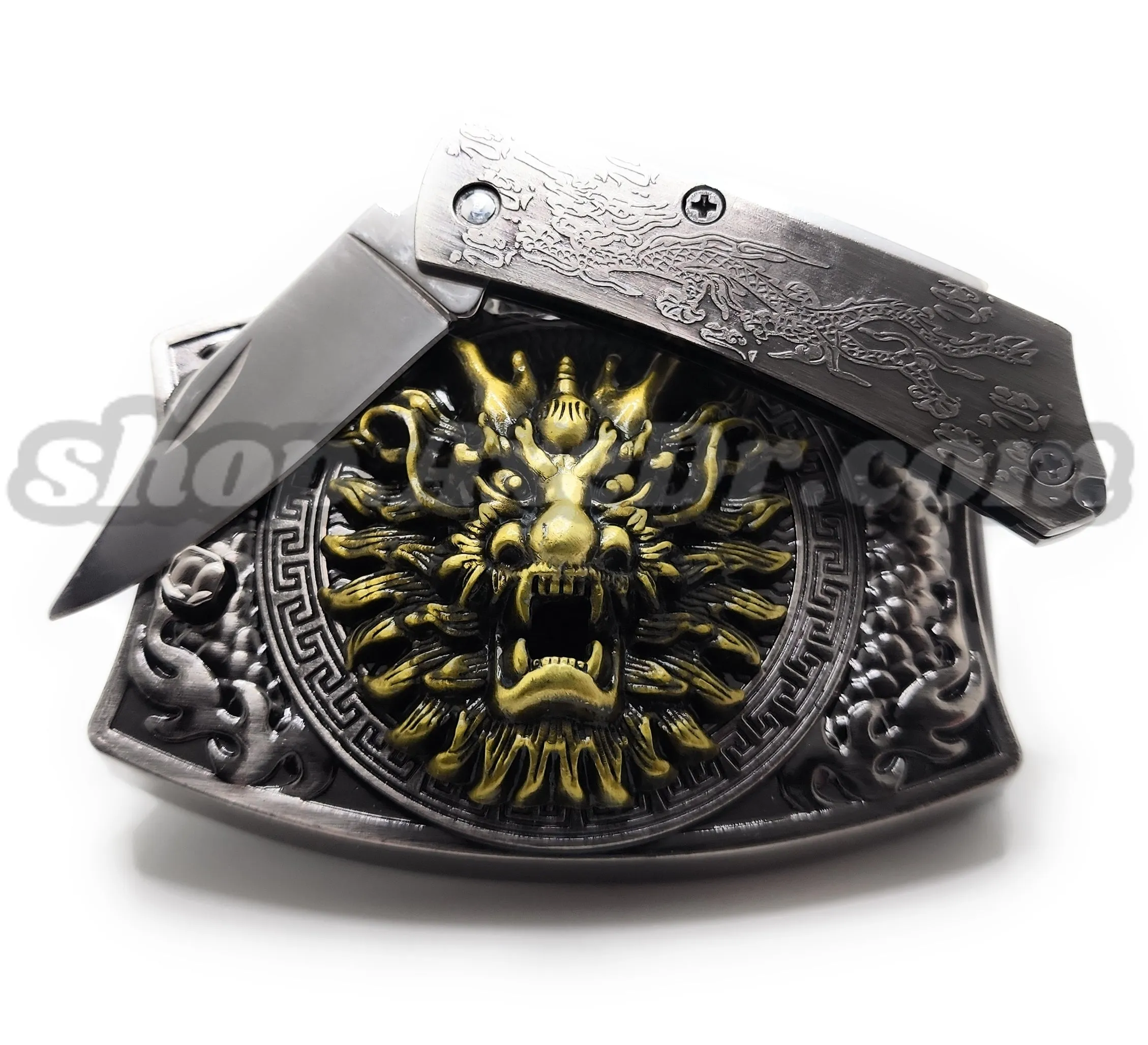 Dragon Fire Breath Folding Knife Belt Buckle Push-Button-Release