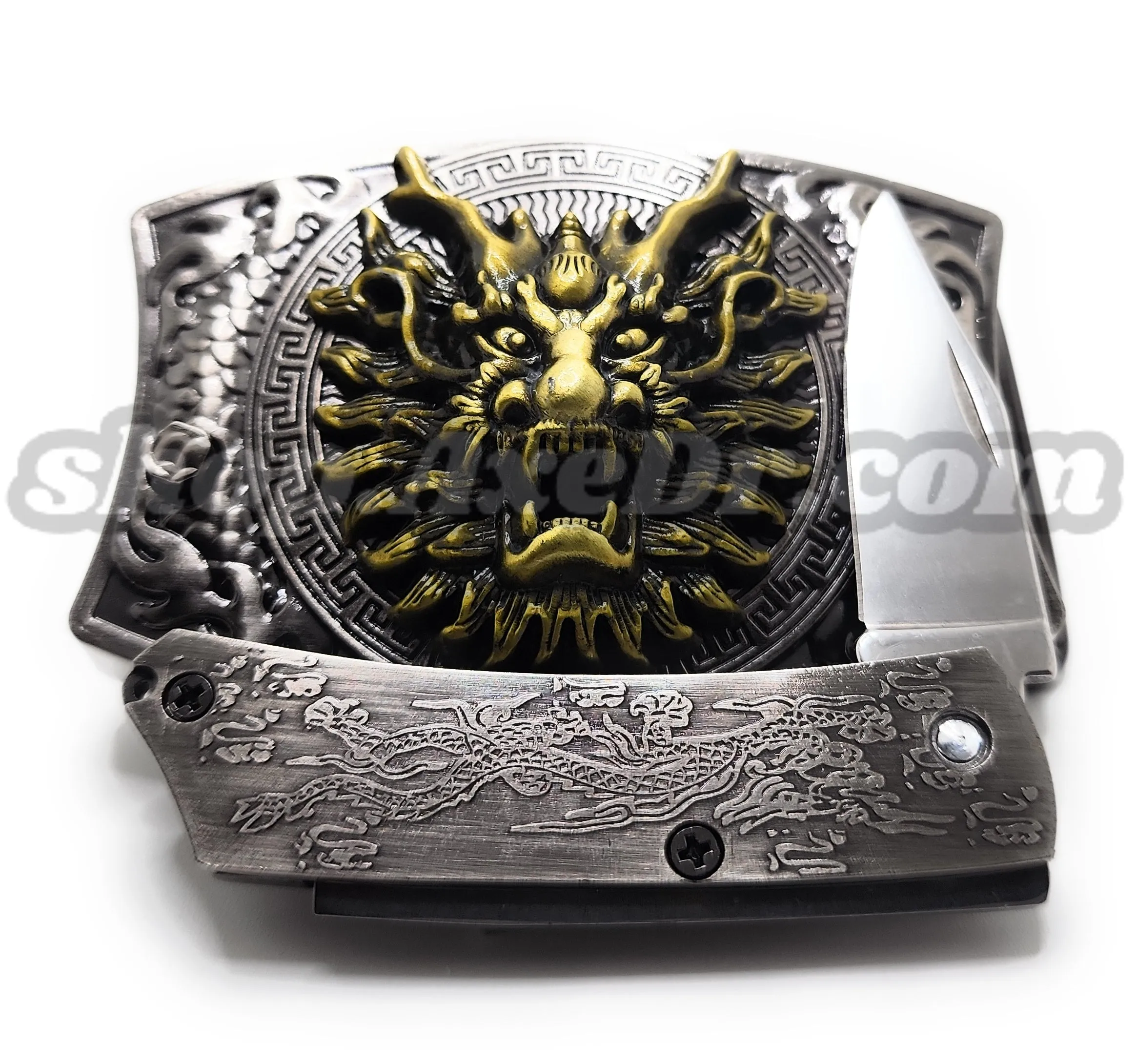Dragon Fire Breath Folding Knife Belt Buckle Push-Button-Release