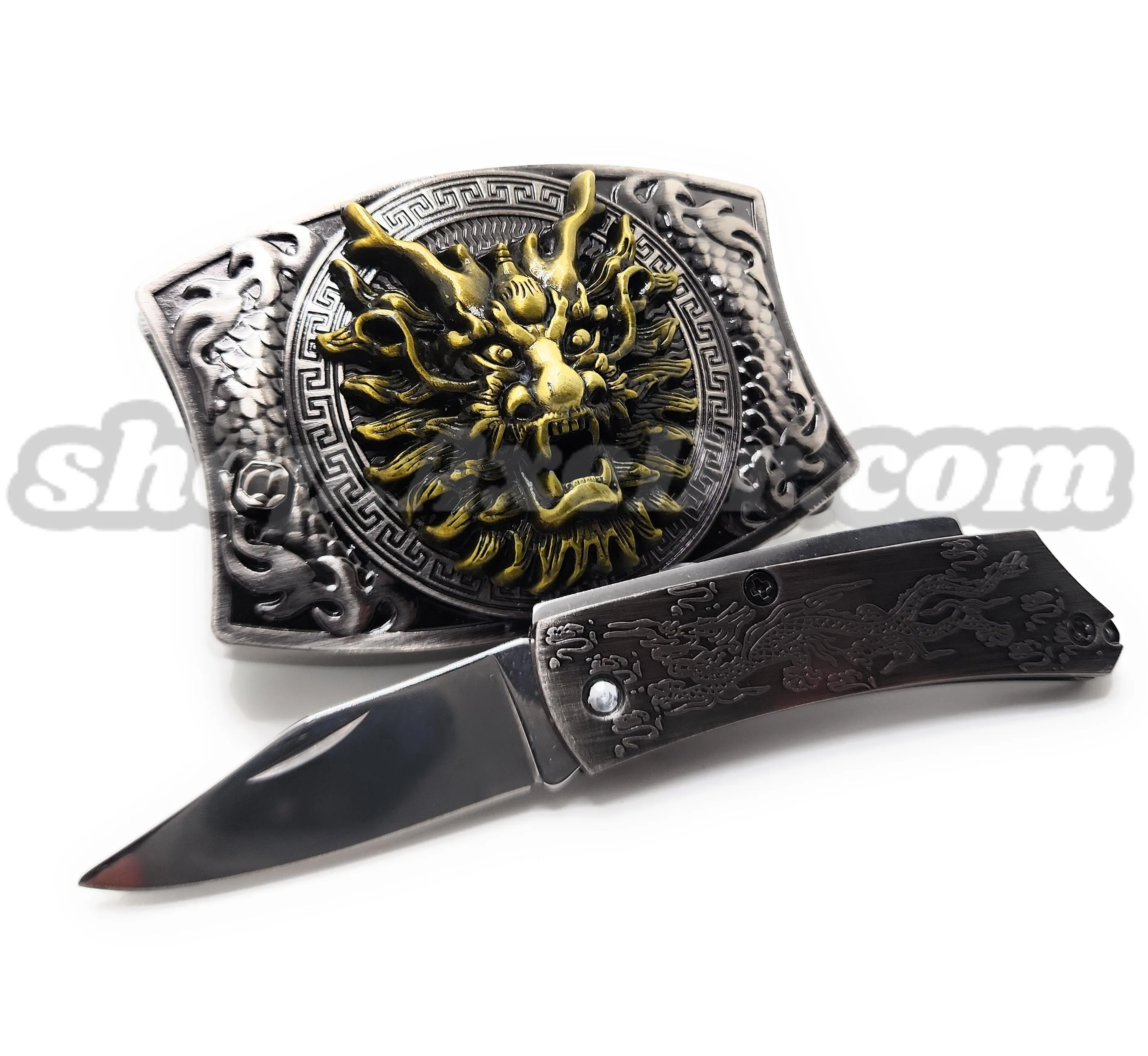 Dragon Fire Breath Folding Knife Belt Buckle Push-Button-Release