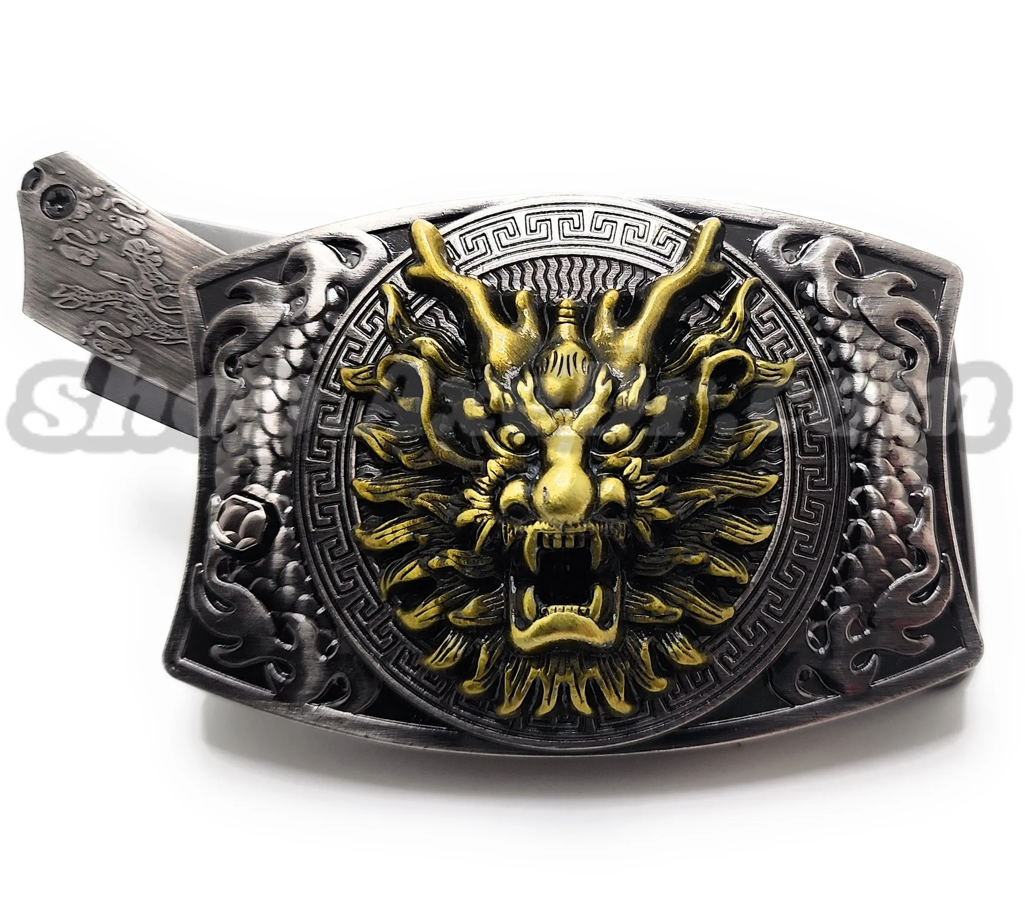 Dragon Fire Breath Folding Knife Belt Buckle Push-Button-Release