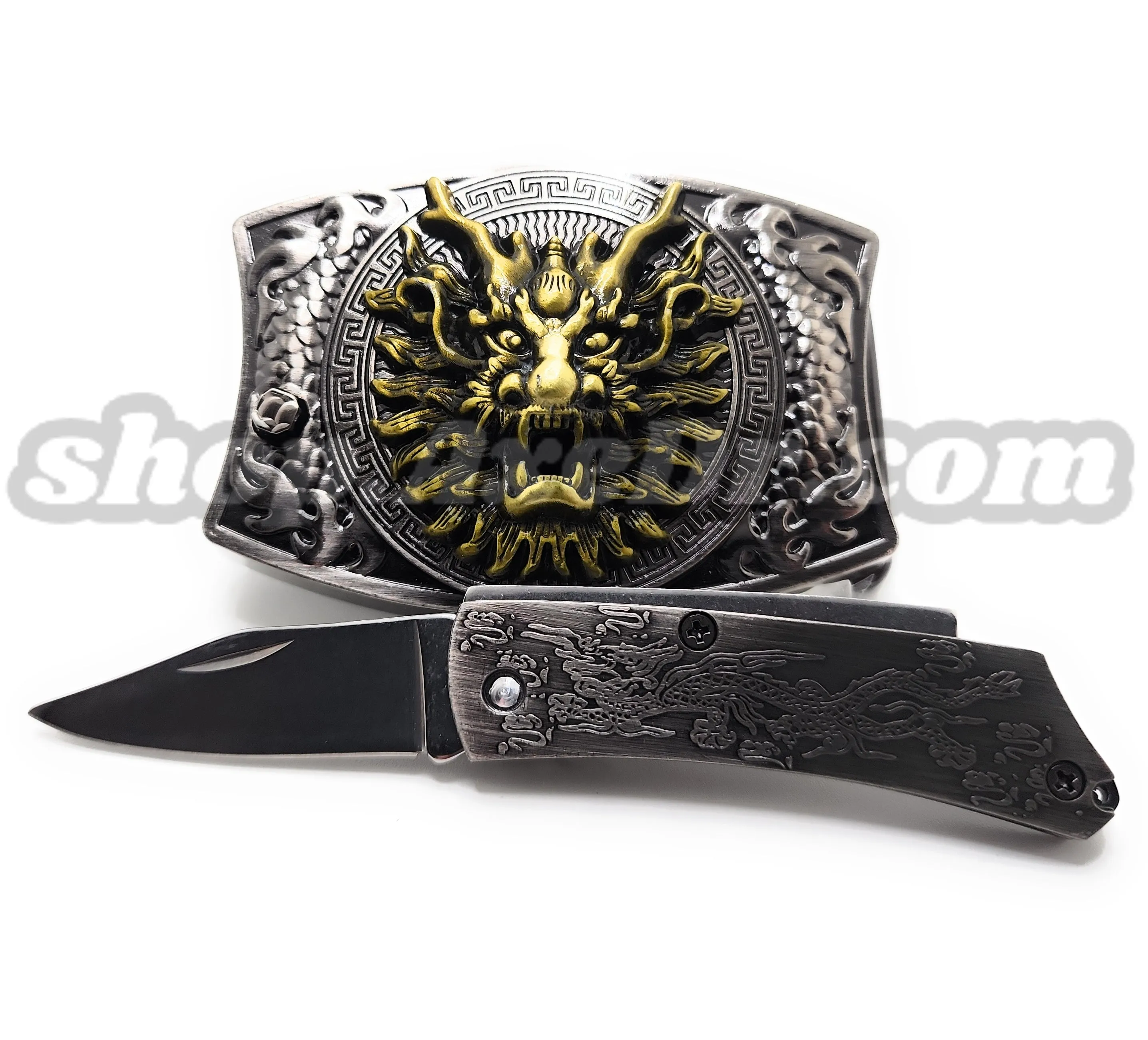 Dragon Fire Breath Folding Knife Belt Buckle Push-Button-Release