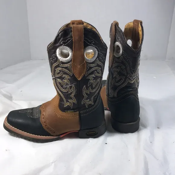 El General Buffalito Kids Brown and Black Leather Cowboy Rodeo Square Toe Boots