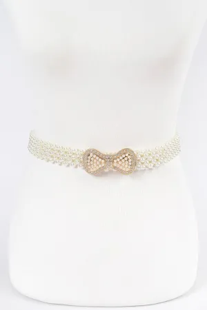 Elastic Pearl Waist Belt W/ribbon Buckle