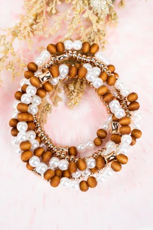 Elavated Style Brown Beaded Goldtone Bracelet Set