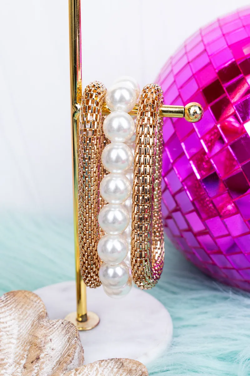 Elegant Style Goldtone and Pearl Beaded Bracelet Set