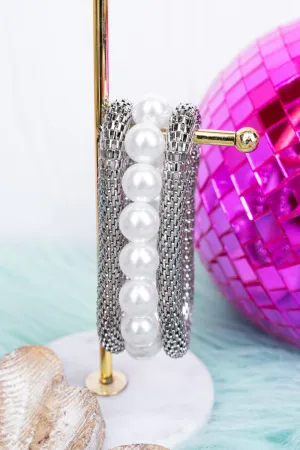 Elegant Style Silvertone and Pearl Beaded Bracelet Set