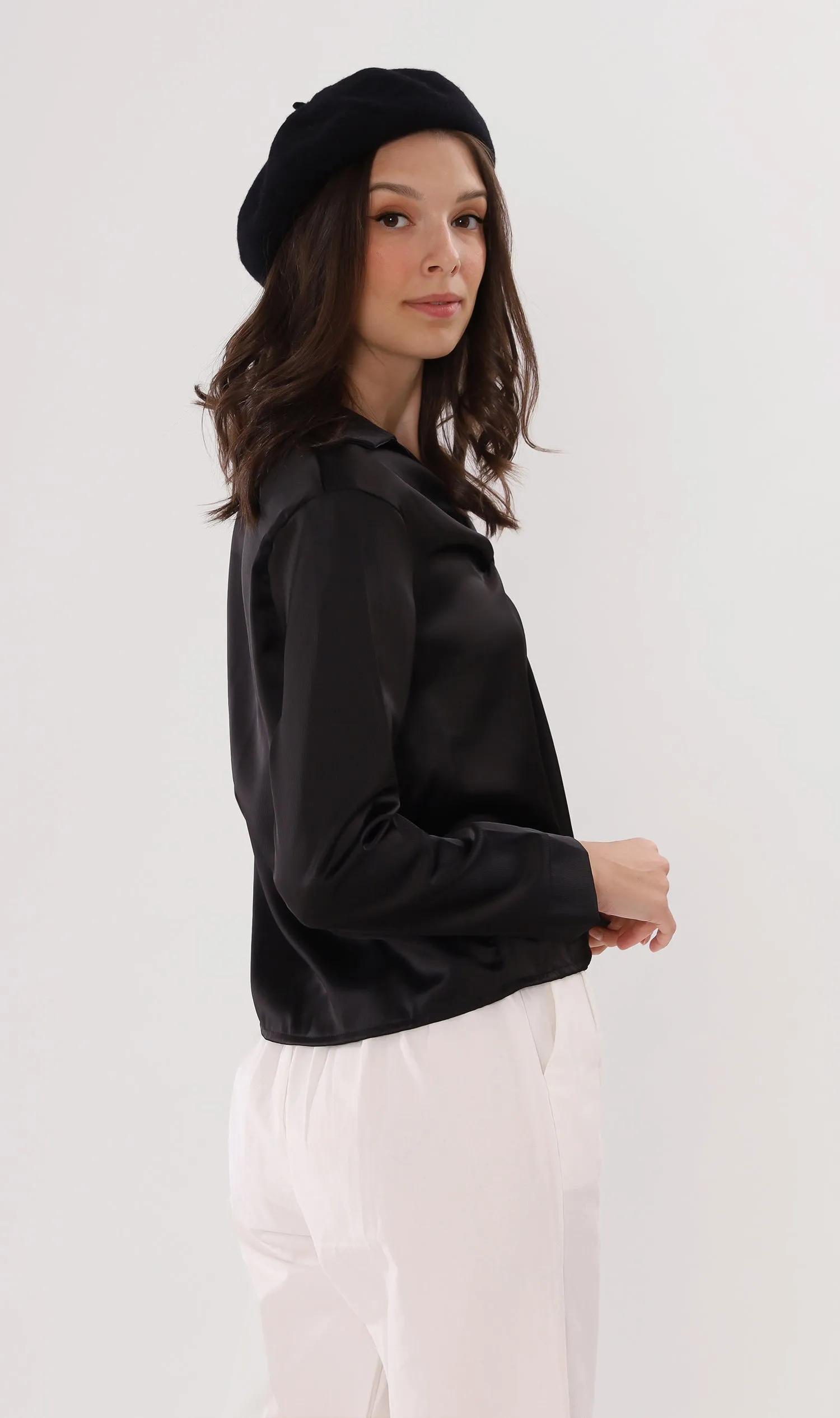 ELLIS Ruched-Front Collared Top (Black)