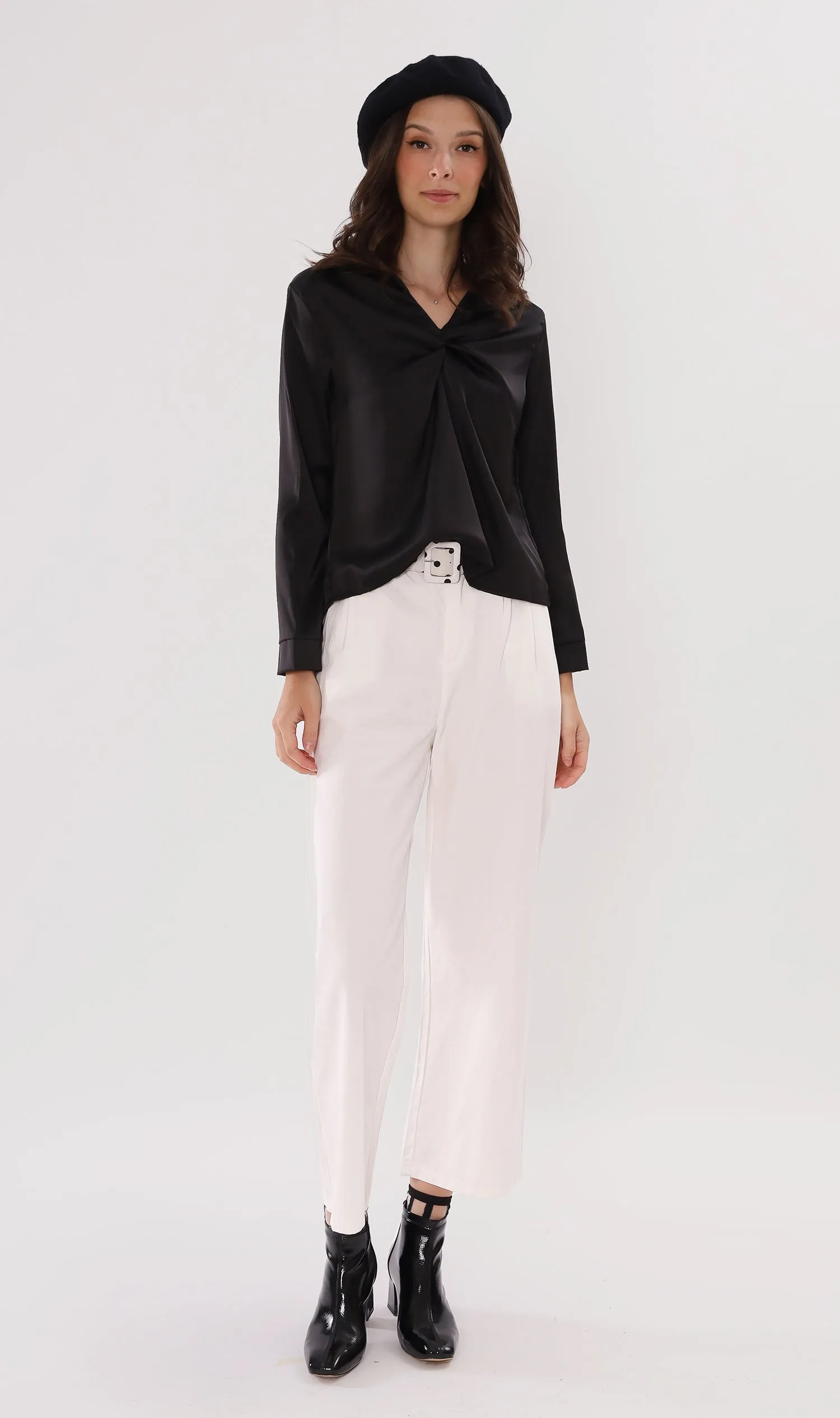 ELLIS Ruched-Front Collared Top (Black)