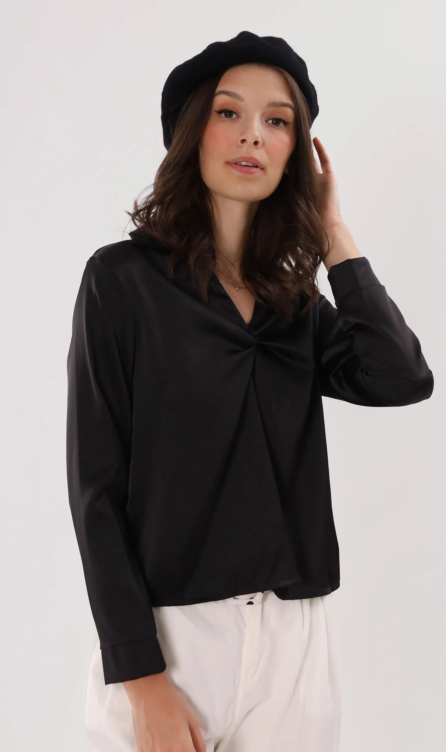 ELLIS Ruched-Front Collared Top (Black)