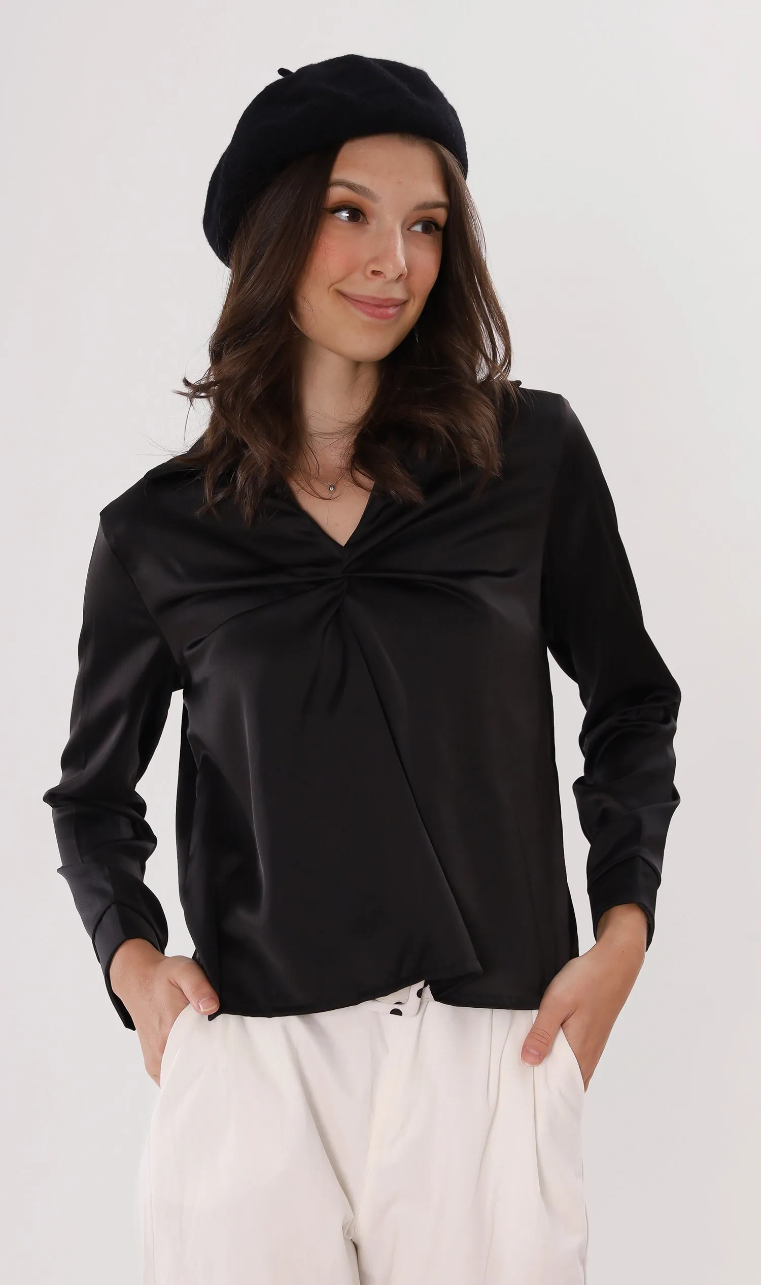 ELLIS Ruched-Front Collared Top (Black)