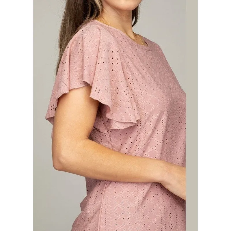 Embroidered eyelet top with wing sleeve