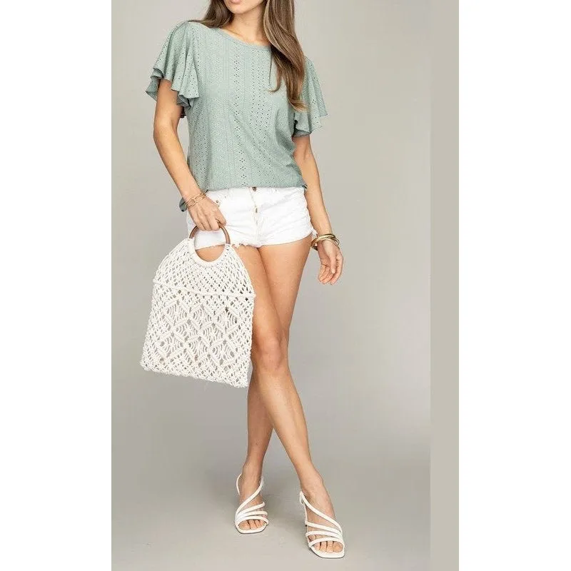 Embroidered eyelet top with wing sleeve