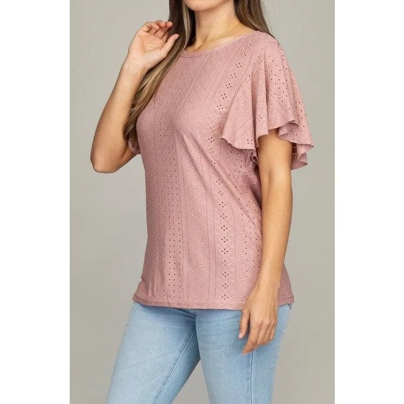 Embroidered eyelet top with wing sleeve