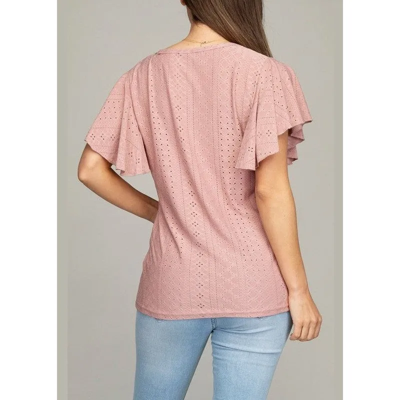 Embroidered eyelet top with wing sleeve