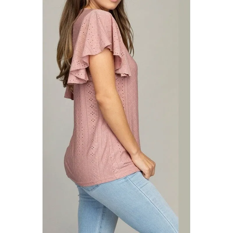 Embroidered eyelet top with wing sleeve