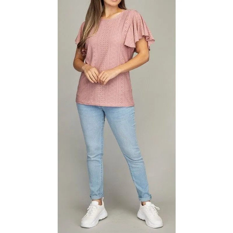 Embroidered eyelet top with wing sleeve
