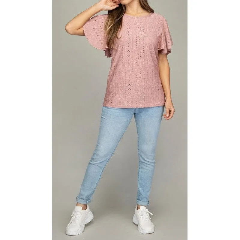 Embroidered eyelet top with wing sleeve