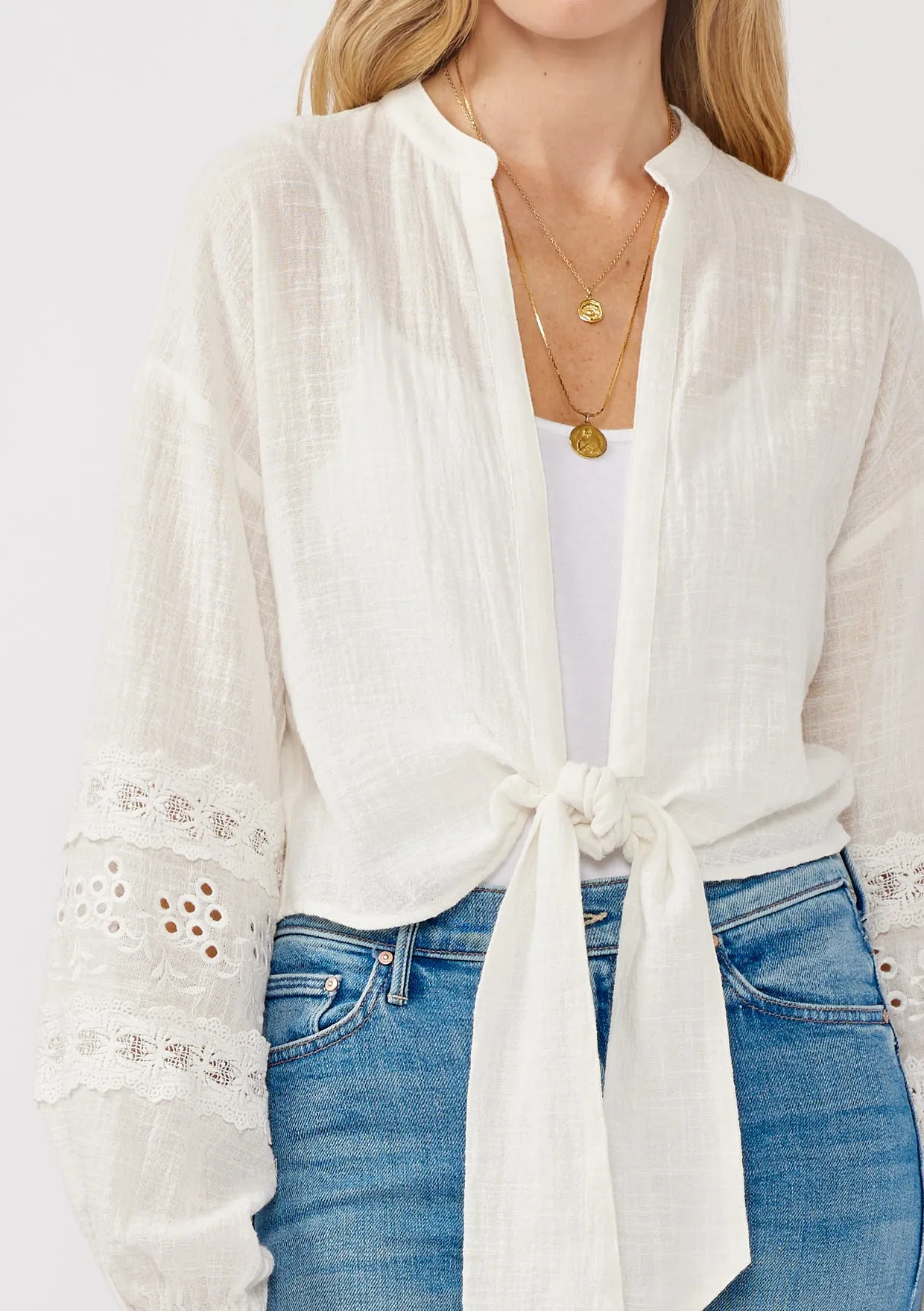 Embroidered Open-Front Tie Long Sleeve Blouse